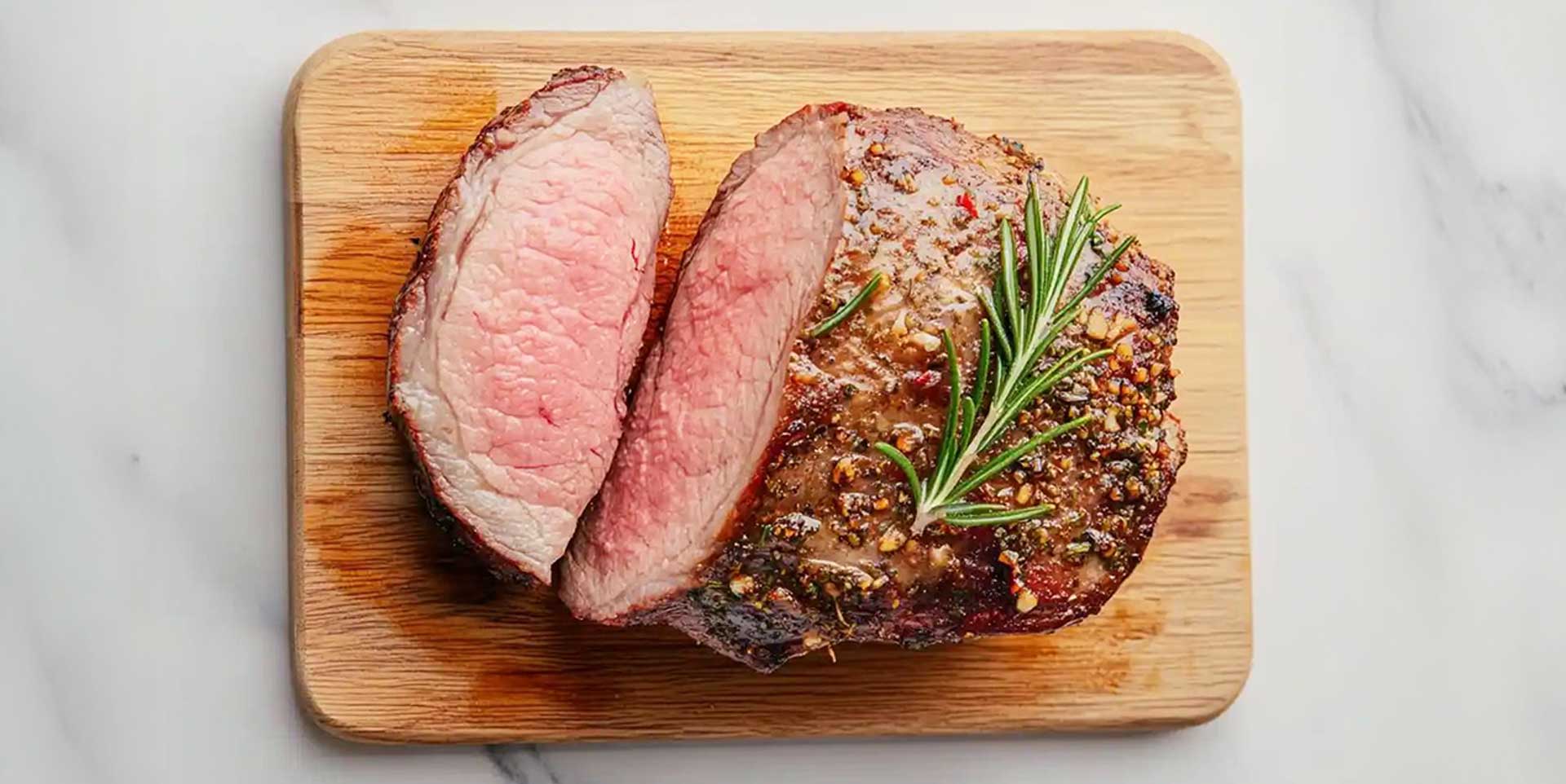 Beverly Creek Farm pan-roasted boneless lamb sirloin, sliced to reveal a tender pink centre with a herb-crusted sear, garnished with fresh rosemary on a wooden cutting board, all-natural pasture-raised Ontario lamb